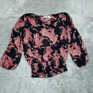 Cato Womens Black & Red Paisley Smocked Blouse Size S Polyester a1177